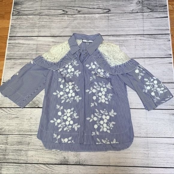 Hilary Radley Blue Striped Button Down with embroidered floral, lace , ruffles - Picture 3 of 10